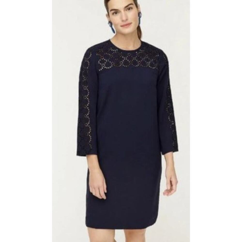 J Crew Size 0 Eyelet Embroidered Shift Mini Dress Blue Crew Neck Long Sleeves